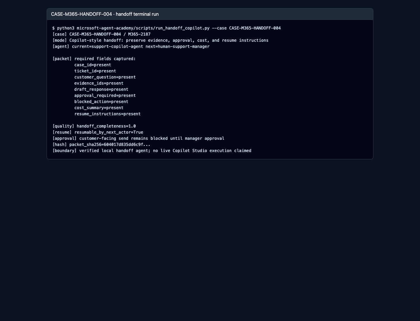 Terminal proof for handoff packet